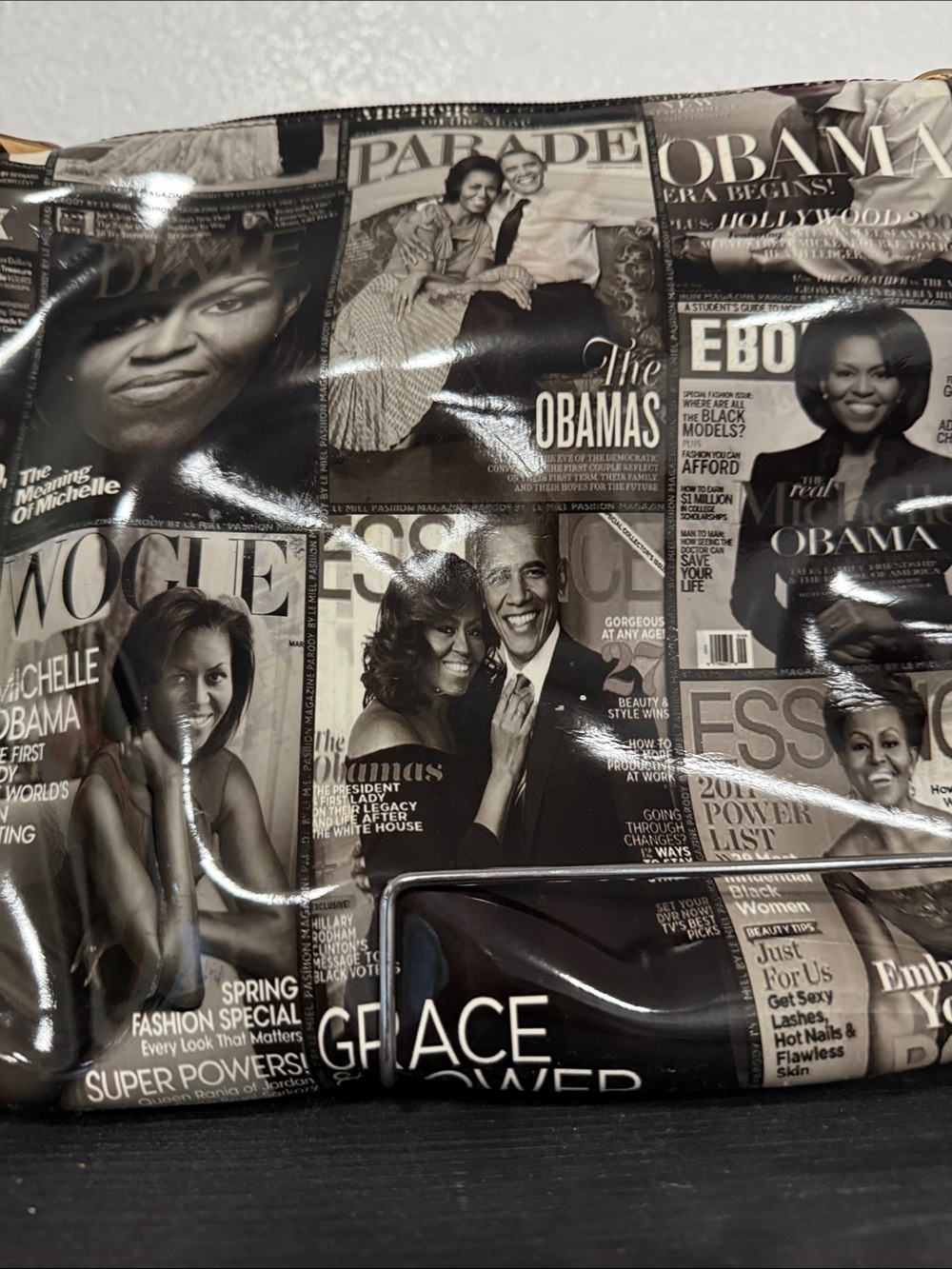 Vintage Magazine-Print Cosmetic Bag in Black and Cream